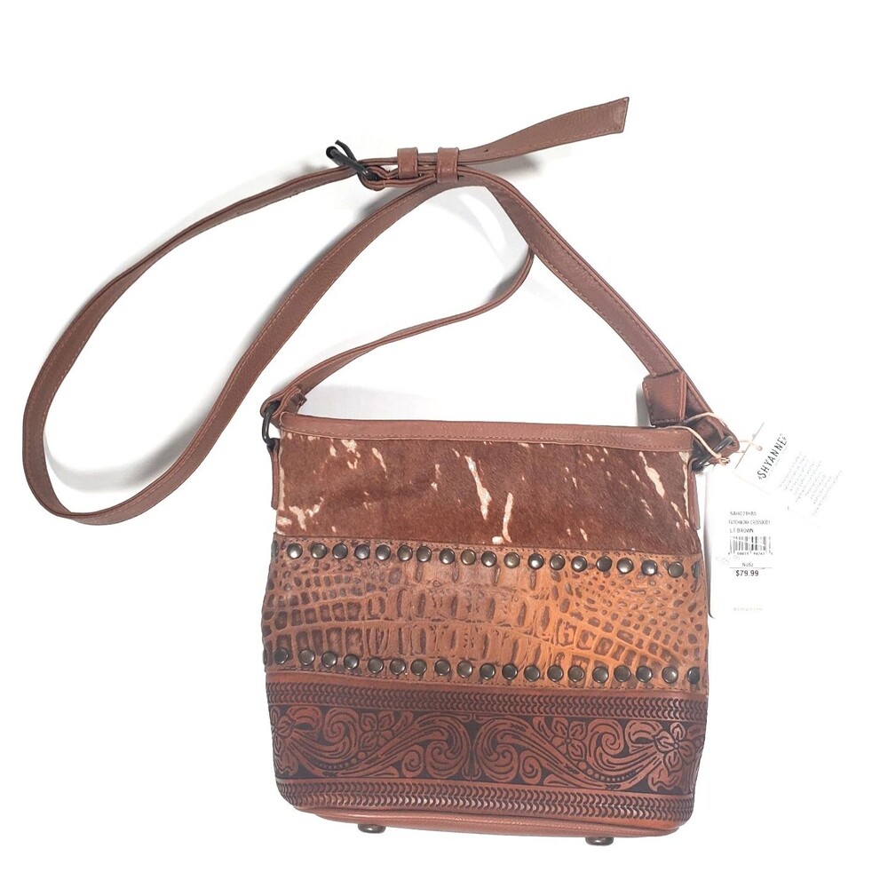 NWT Shyanne Women’s Leather Crossbody Bag Brown Cowhide and PU Tooled Studded - Picture 2 of 11